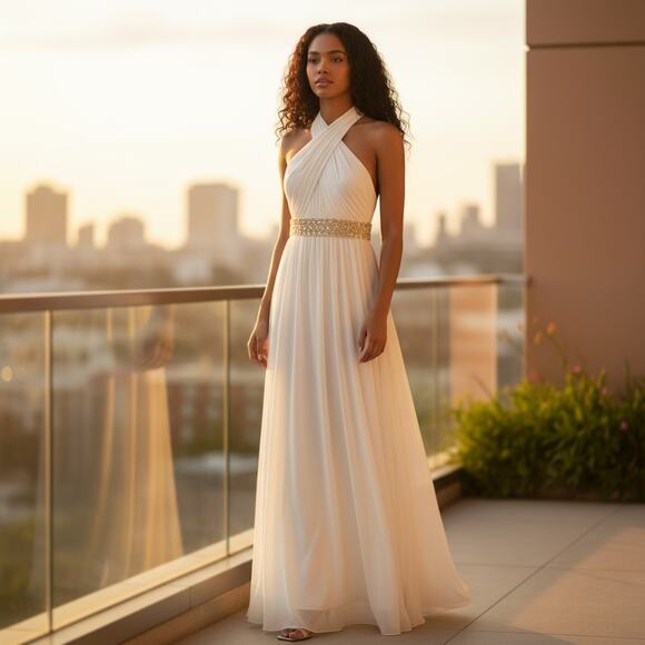 CACHE Maxi Greek Goddess Gown Beaded Belt Size 12 Open Back Zipper Closure - Picture 1 of 11